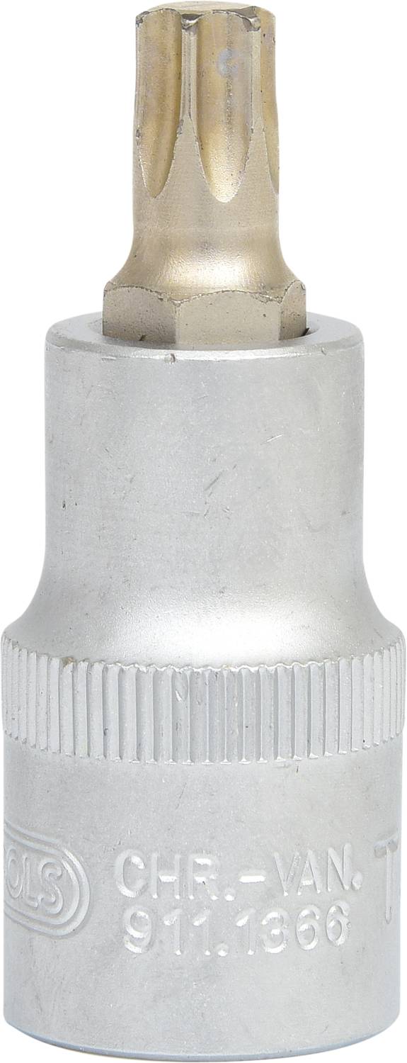 Metall-Werkzeugaufsatz mit Torx-Kopf, geeignet für Schraubendreher, zeigt eine eingesetzte Torx-Spitze und die Größenkennzeichnung.