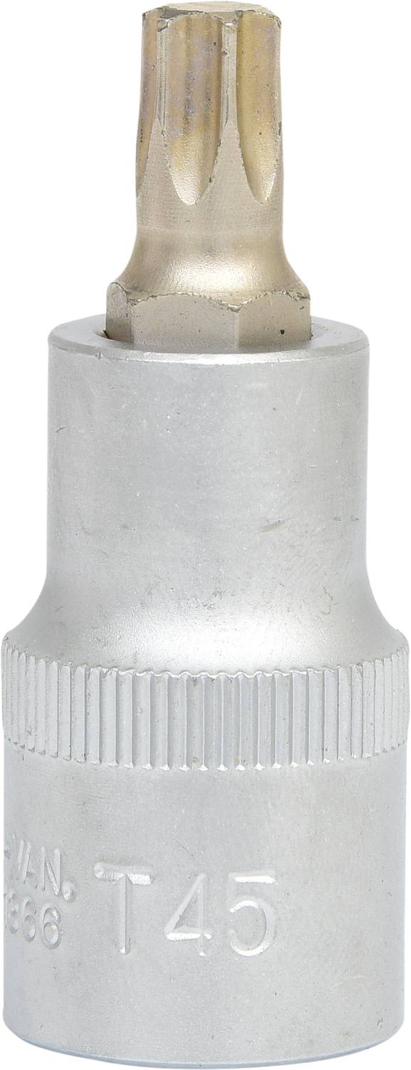 Torx-Steckschlüsselaufsatz mit der Größe T45, aus silbernem Metall, vor einem weißen Hintergrund.