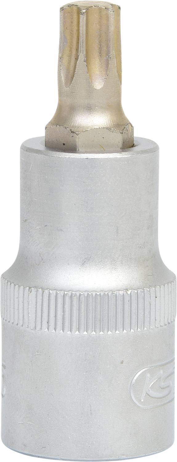 Ein silberner Torx-Bit-Aufsatz mit zylindrischer Basis und sternförmiger Spitze. Wird in Werkzeugen zur Befestigung von Schrauben verwendet.