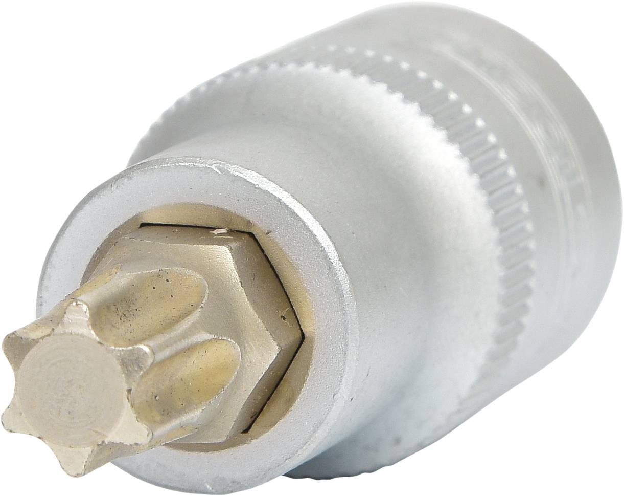 Ein silberner Steckschlüsselaufsatz mit sternförmigem Innenprofil, oft für spezielle Schrauben in technischen Anwendungen verwendet.