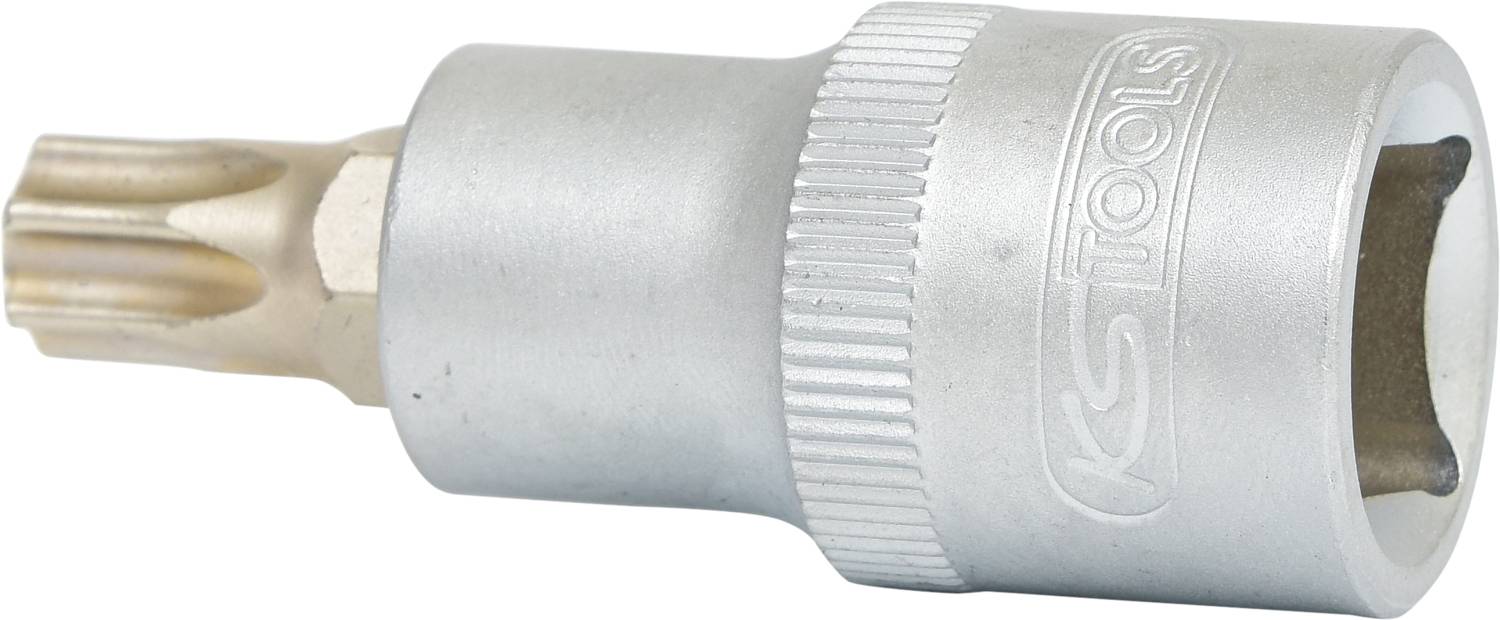 Im Bild ist ein silberner Steckschlüssel mit sternförmigem Bit zu sehen, geeignet für Torx-Schrauben.