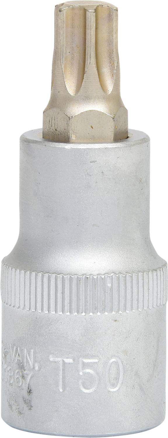 Silberner Torx-Steckschlüssel, Größe T50, aufrecht stehend.
