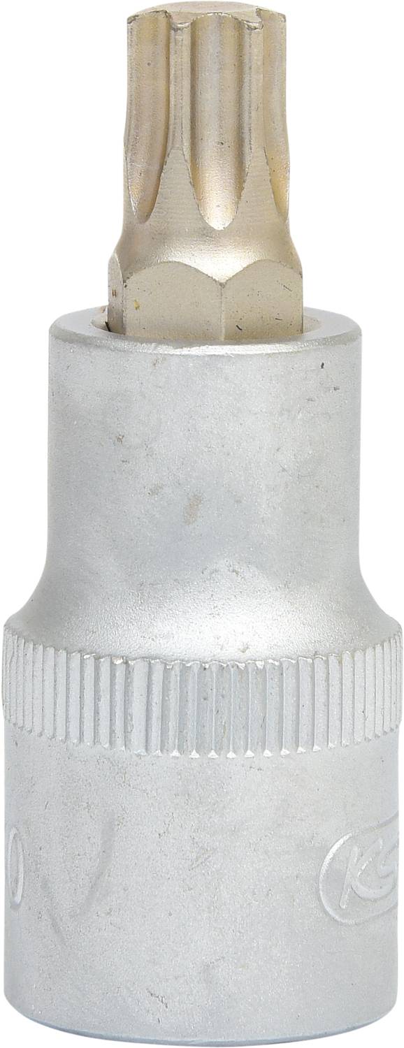 'Steckschlüssel mit Torx-Profil' – Ein silberner Steckschlüsselaufsatz mit sechzehnseitigem Torx-Profil für Schraubarbeiten.