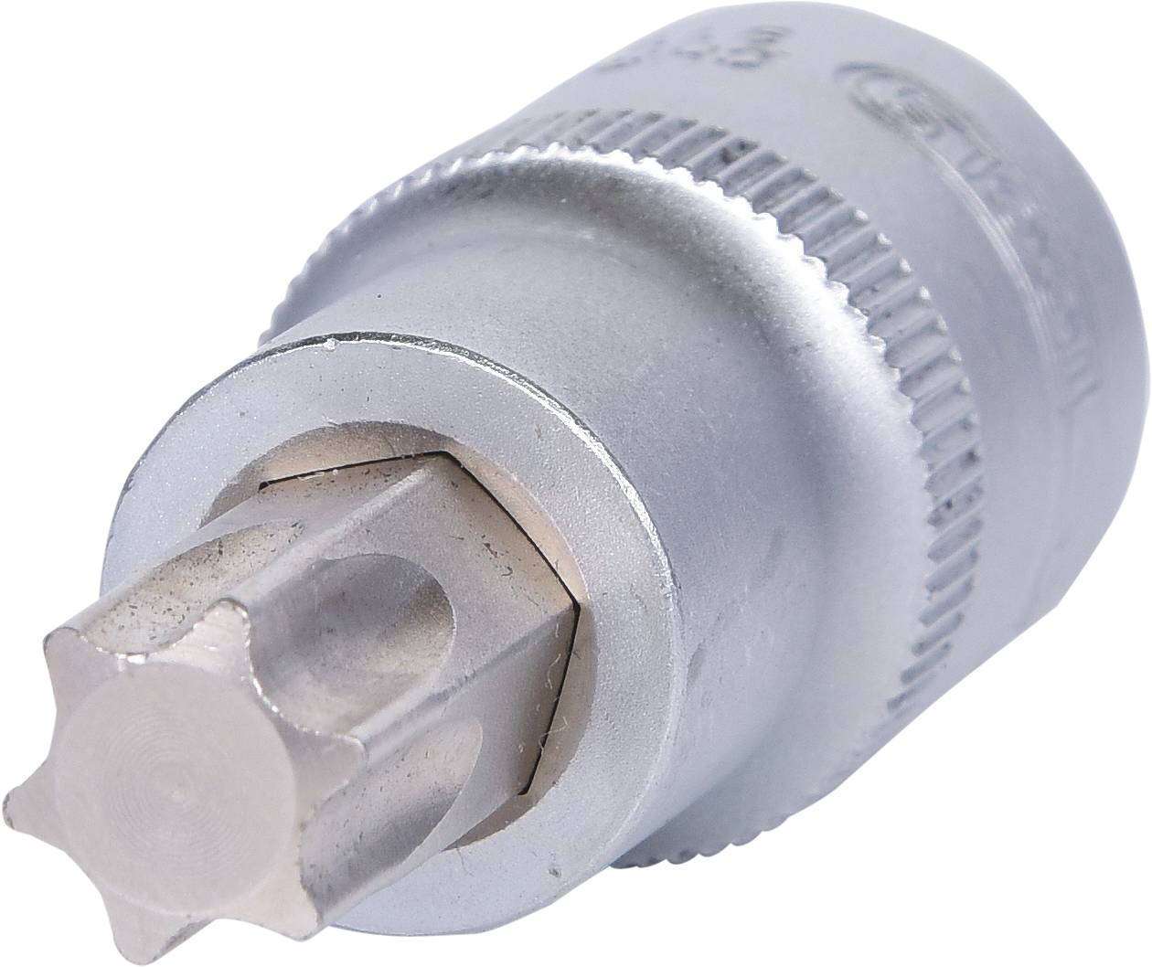 Ein silberner Stern-Bitaufsatz mit sieben Zacken, diagonale Sicht. Werkzeug zur Befestigung von Schrauben in handwerklichen Anwendungen.