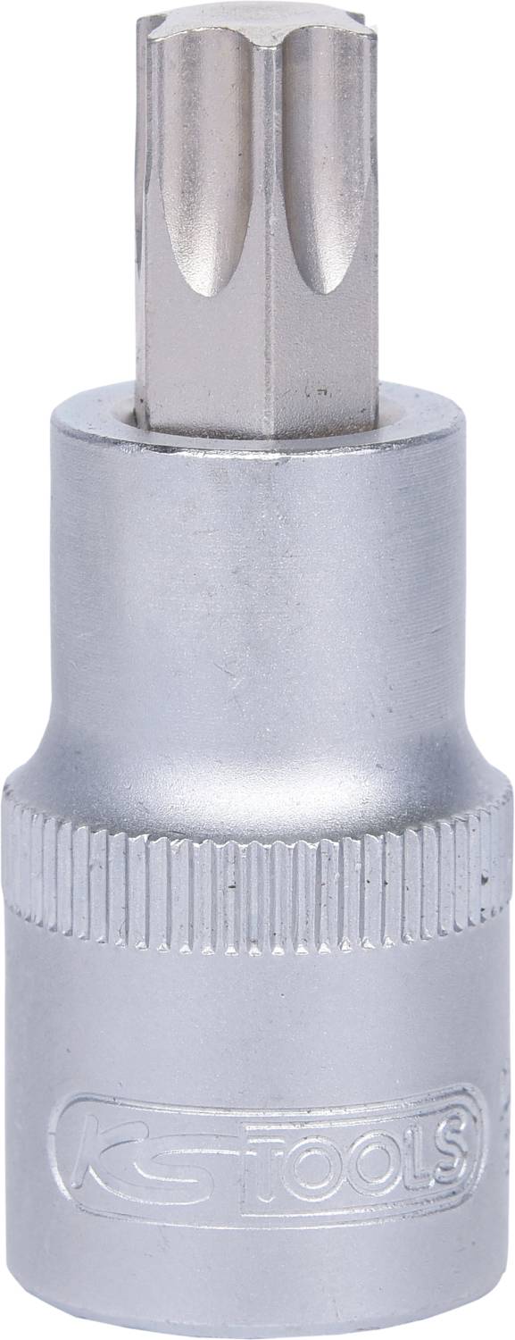 Torx Steckschlüssel, silbernes Metall, zylindrische Form mit gerändeltem Griff, geeignet für präzise Verschraubungen.