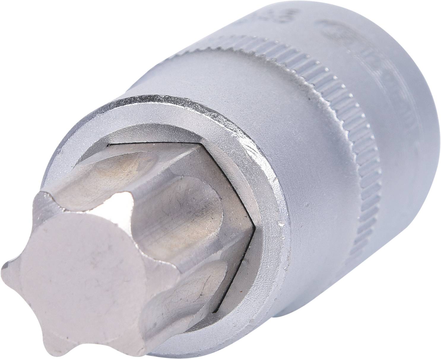 Ein silberfarbener Steckschlüssel-Aufsatz mit sechszackigem Sternprofil, verwendet zum Anziehen oder Lösen von Schrauben mit passendem Kopf.