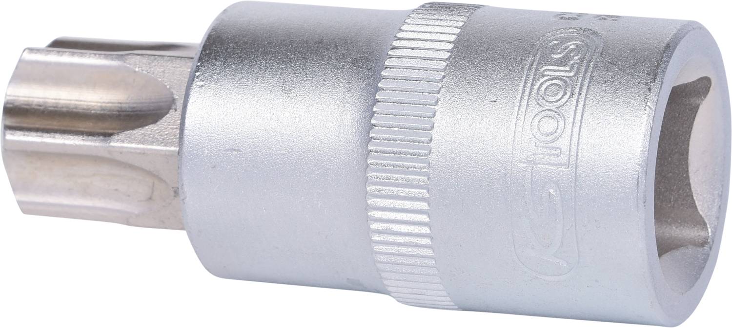 Ein Metall-Steckschlüsseleinsatz mit geriffelter Oberfläche und Torx-Kopf, verwendet für das Anziehen oder Lösen von Schrauben.