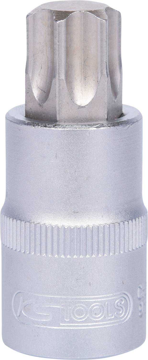 Ein silberner Werkzeugaufsatz mit geriffeltem Griff und sternförmigem Kopf. Biomarkierung mit Logo der Marke 'KS Tools'.