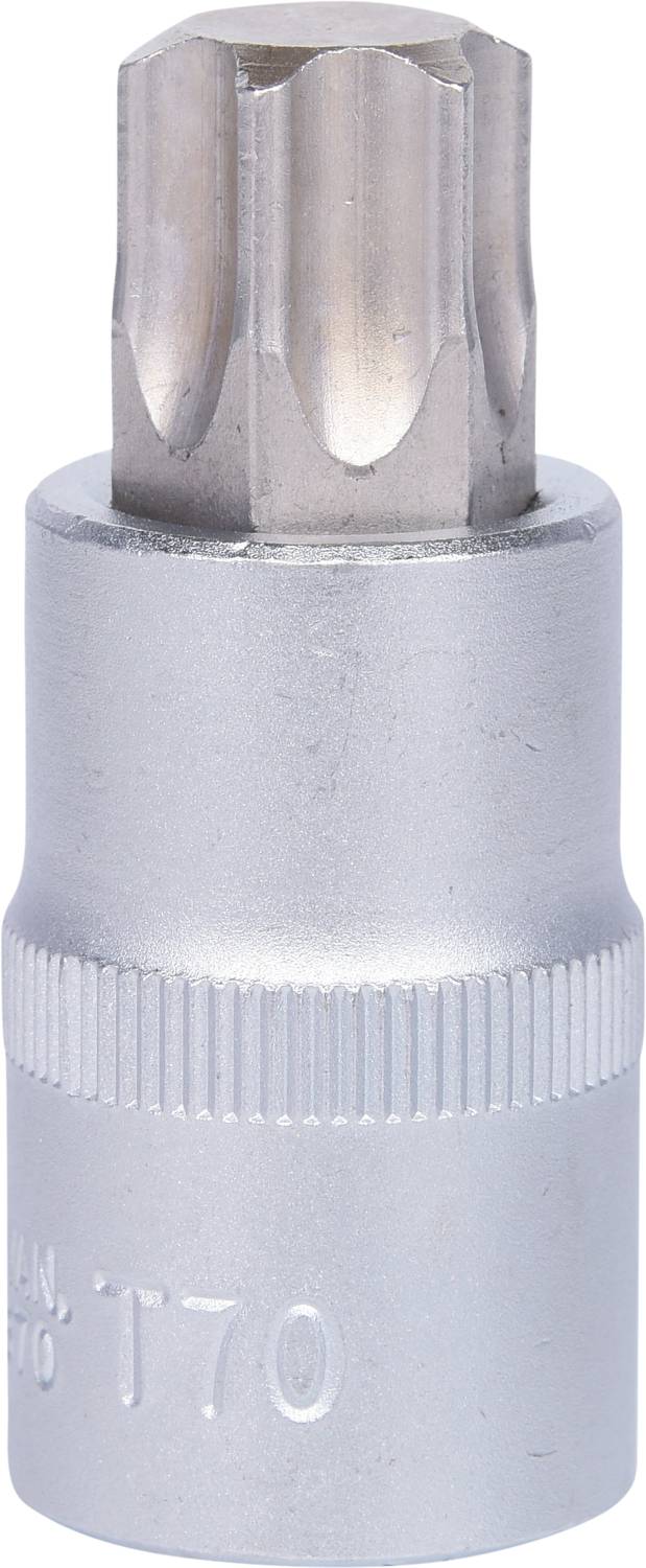 Metallischer Torx-Steckaufsatz mit T70-Markierung, gerändelter Griff für verbesserten Halt. Ideal für mechanische Arbeiten.