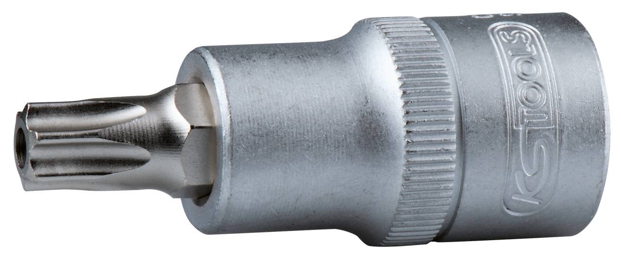 Metallische Torx-Bit-Stecknuss, seitliche Ansicht. Verwendet für das Festziehen oder Lösen von Schrauben mit Torx-Kopf.