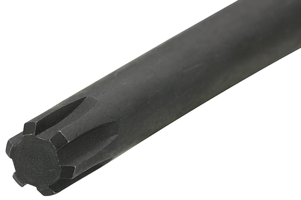 Schwarze runde Stange mit geriffeltem Ende, das möglicherweise als Werkzeugaufsatz dient.