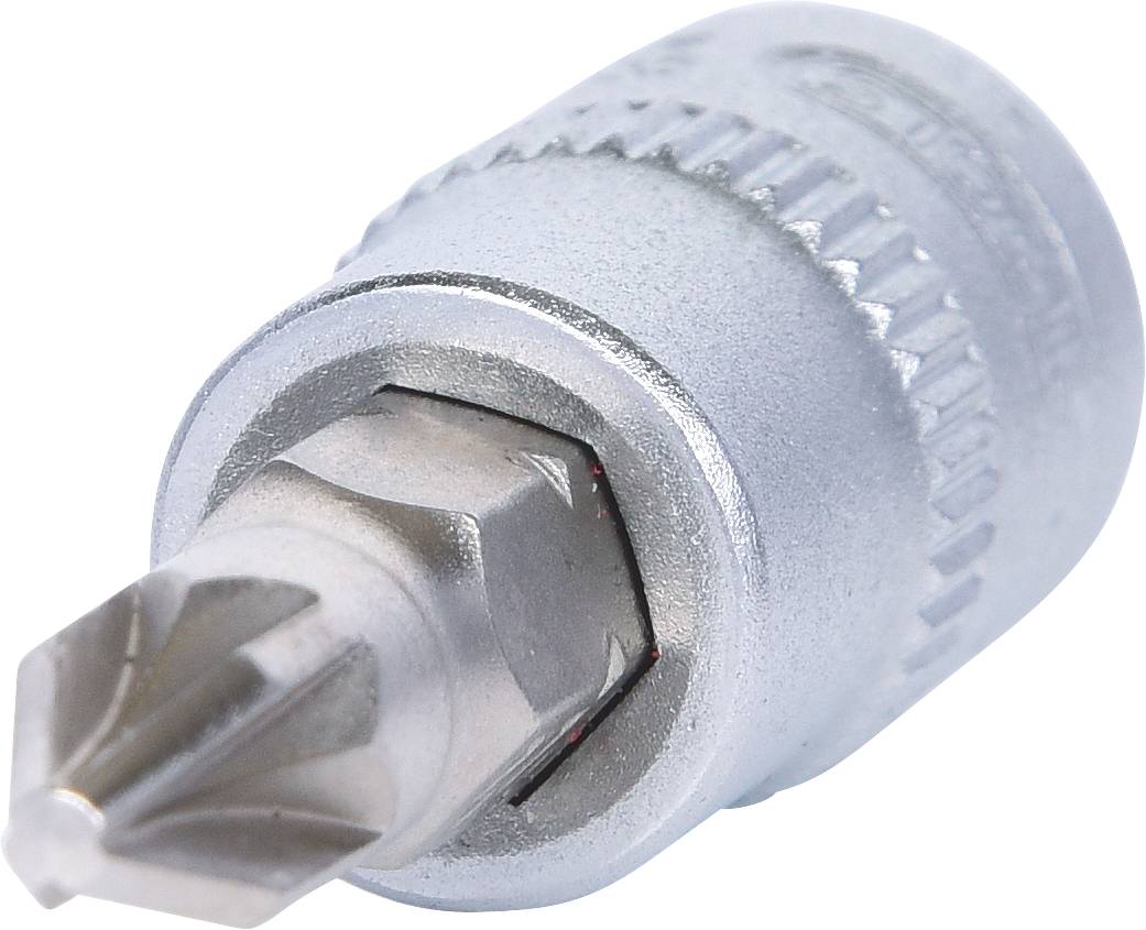 Ein silberner Schraubendreher-Bit mit sechseckiger Aufnahme, geeignet für präzises Arbeiten in Metall- oder Holzverbindungen.