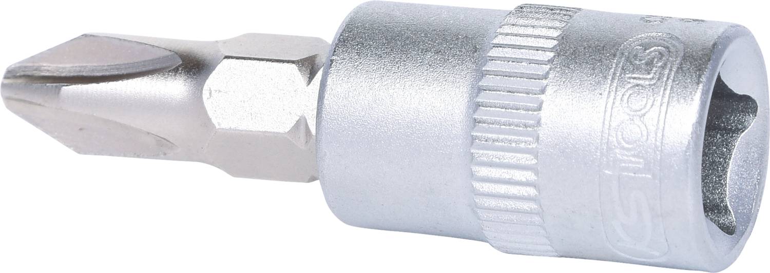 Bei dem Bild handelt es sich um einen metallischen Bit für Schraubendreher, ausgeführt in einem silbernen Finish, mit einem Kreuzschlitz.