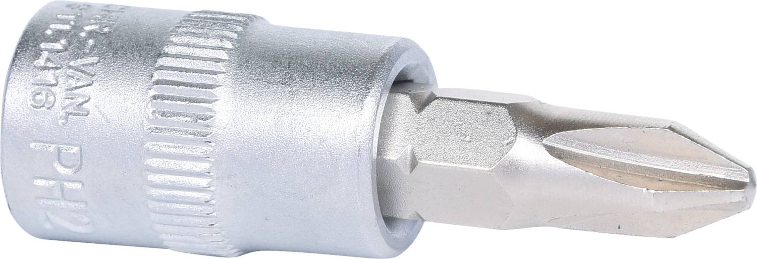 Ein silberner Phillips-Schraubendreher-Bit, PH2-Größe, aus Metall, für präzises Schrauben in technische Anwendungen.