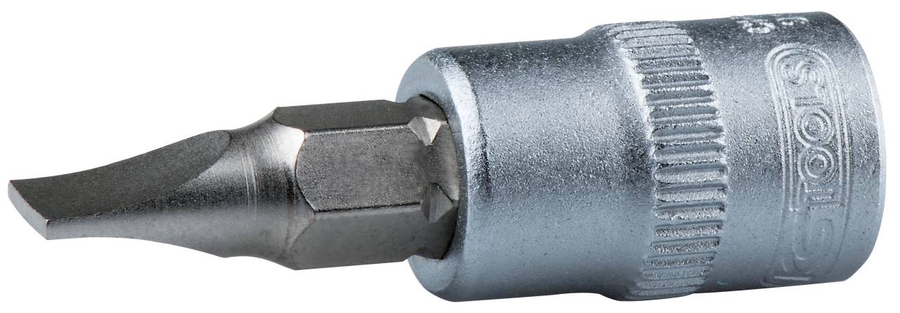 Ein metallischer Schraubendreher-Bit mit flacher Klinge und sechseckigem Schaft, geeignet für Schrauben mit Schlitz.