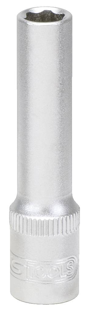 Metallische Stecknuss mit langem Schaft und geriffeltem Griff, geeignet für Verschraubungsarbeiten in engen Bereichen.