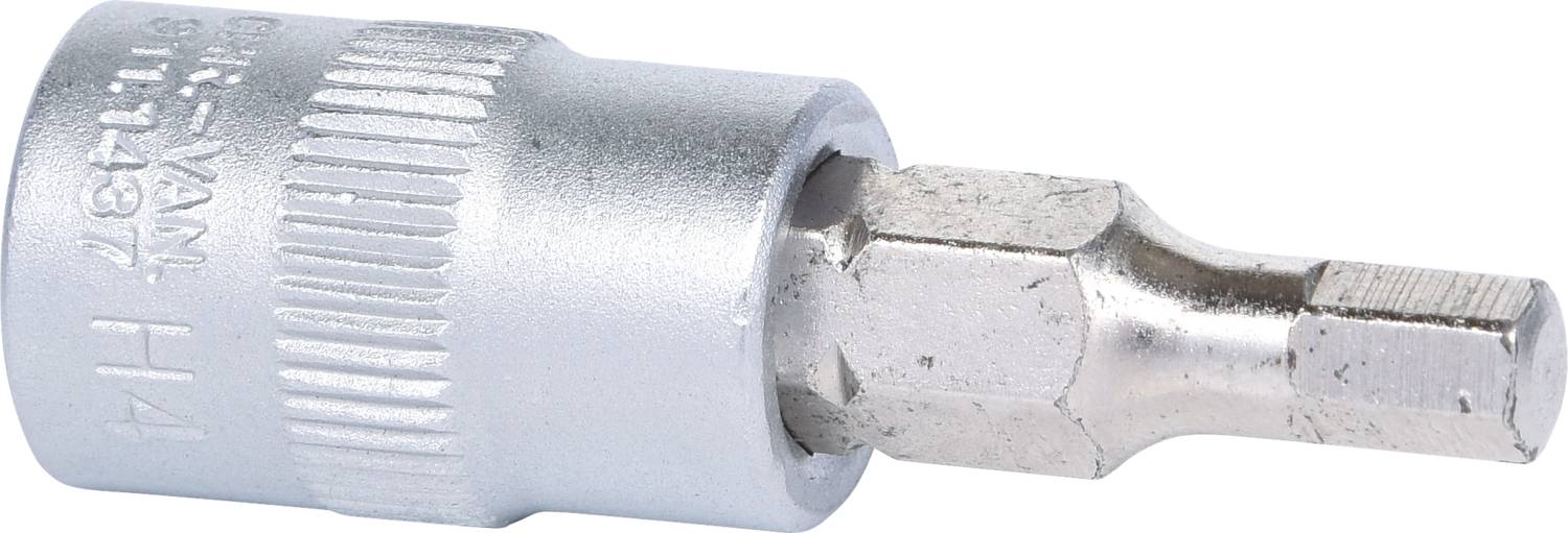 Ein silberner Steckschlüsseleinsatz mit sechseckigem Kopf, geeignet für Arbeiten mit Schrauben und Muttern.