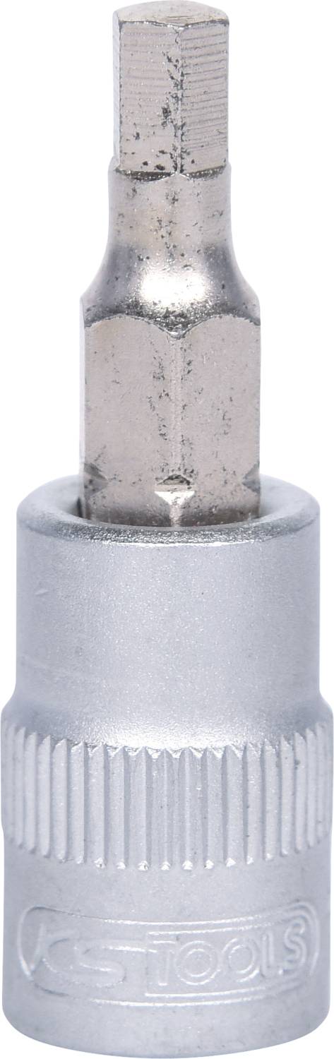 Einsatzwerkzeug mit sechskantiger Spitze, geeignet für Schraubanwendungen. Hergestellt aus silbernem Metall mit geriffeltem Griff.