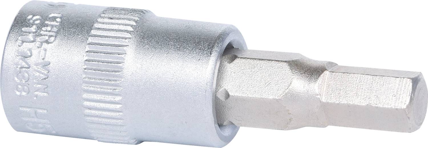 Sechskant-Bitaufsatz aus Metall, silberfarben, mit gerändeltem Rand und hexagonalem Ende, geeignet für Schraubarbeiten.