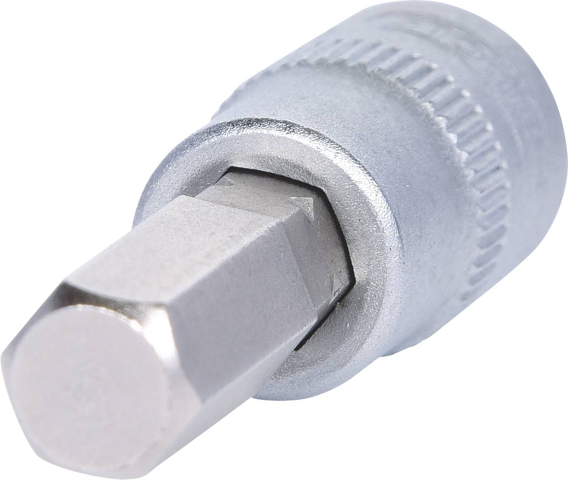 Ein silberner Schraubenschlüssel-Bit mit sechseckiger Spitze, verwendet zum Festziehen oder Lösen von Schrauben oder Bolzen.