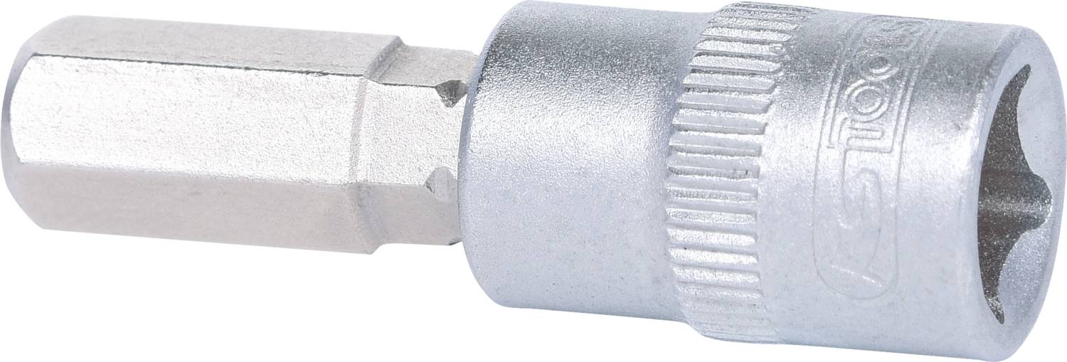 Ein silberner Stecknussaufsatz mit sechseckigem Schaft und geriffeltem Rand, geeignet für Montagearbeiten.