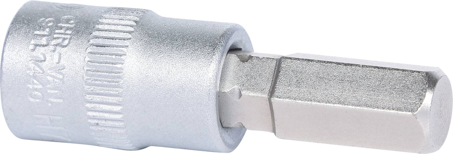 Metallischer Steckschlüssel-Einsatz mit Sechskant-Bit für Schraubarbeiten, seitliche Ansicht.