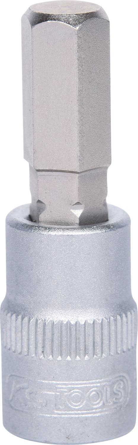 Ein silberner Sechskant-Bitsteckschlüsselaufsatz, geeignet für manuelle und maschinelle Verschraubung.