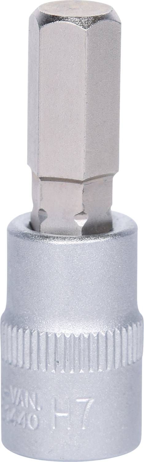Sechskant-Bitaufsatz mit H7-Markierung, aus glänzendem Metall. Ideal für präzises Arbeiten mit Schraubenschlüsseln und Werkzeugen.
