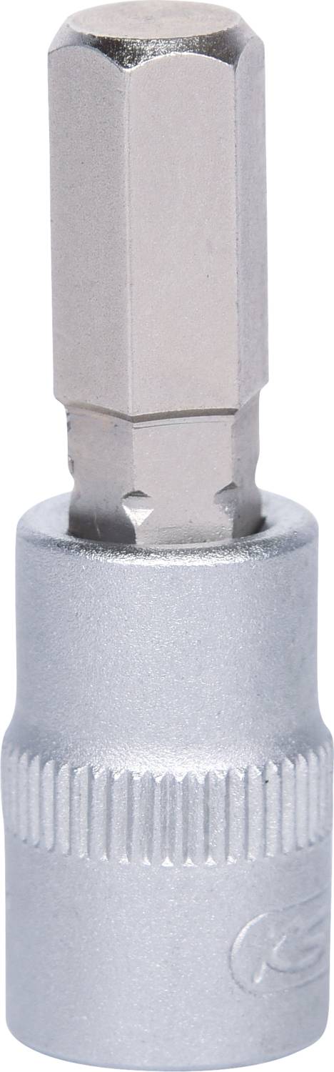 Silberner Sechskant-Bitaufsatz aus Metall, oben mit einer geriffelten Oberfläche. Wird für Schraubarbeiten mit passenden Werkzeugen verwendet.