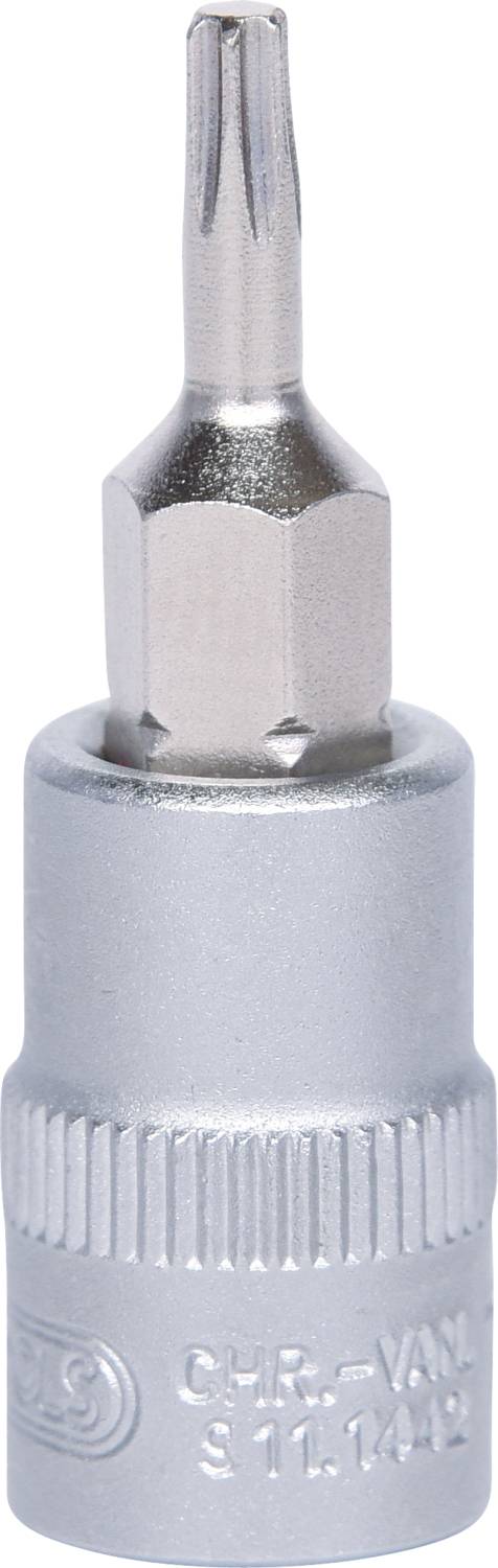 Metallischer Schraubendreher-Bit mit sechseckigem Schaft und sternförmiger Spitze, geeignet für präzise Schraubarbeiten.