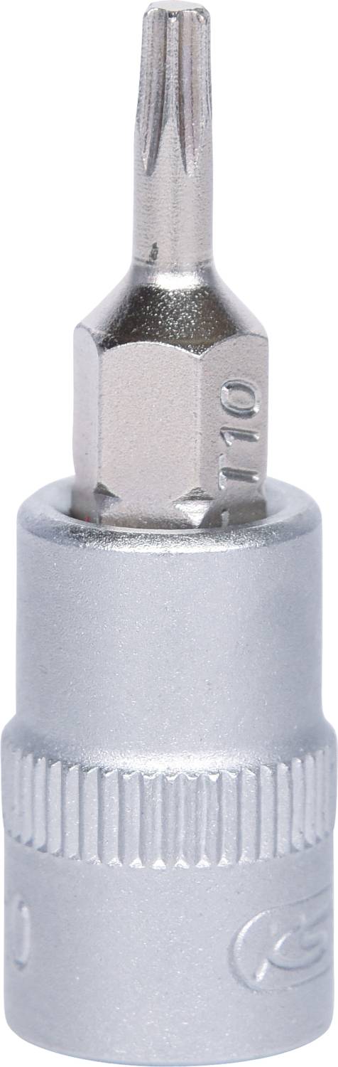 Kleiner silberner Schraubendreherbit mit Torx-Kopf, geprägt mit der Aufschrift 'T10'.