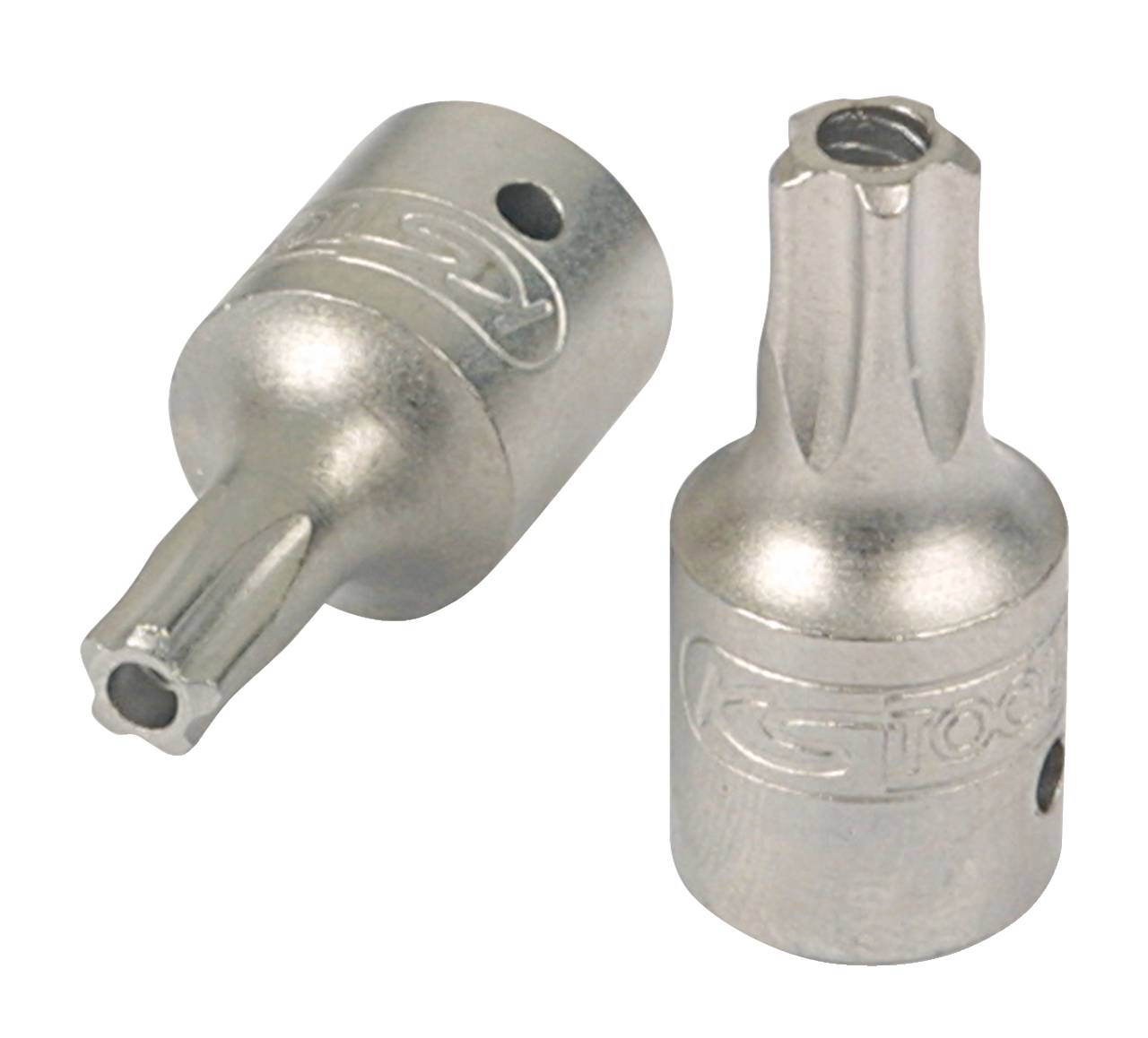 Zwei silberne Schraubaufsätze aus Metall liegen nebeneinander. Sie haben eine sternförmige Spitze und sind mit einem Loch an der Seite versehen.