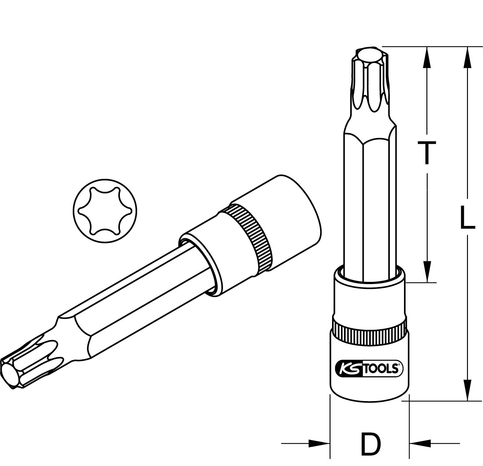 Technische Zeichnung eines KS Tools Torx Steckschlüssels mit Maßen: Gesamtlänge (L), Arbeitslänge (T), und Durchmesser (D).