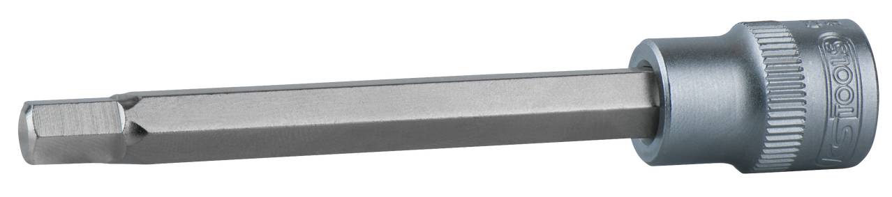 Sechskant-Bit-Einsatz aus Metall, silberfarben, mit geriffeltem Griff, verwendet zum Schrauben mit Schraubenschlüsseln oder Ratschen.