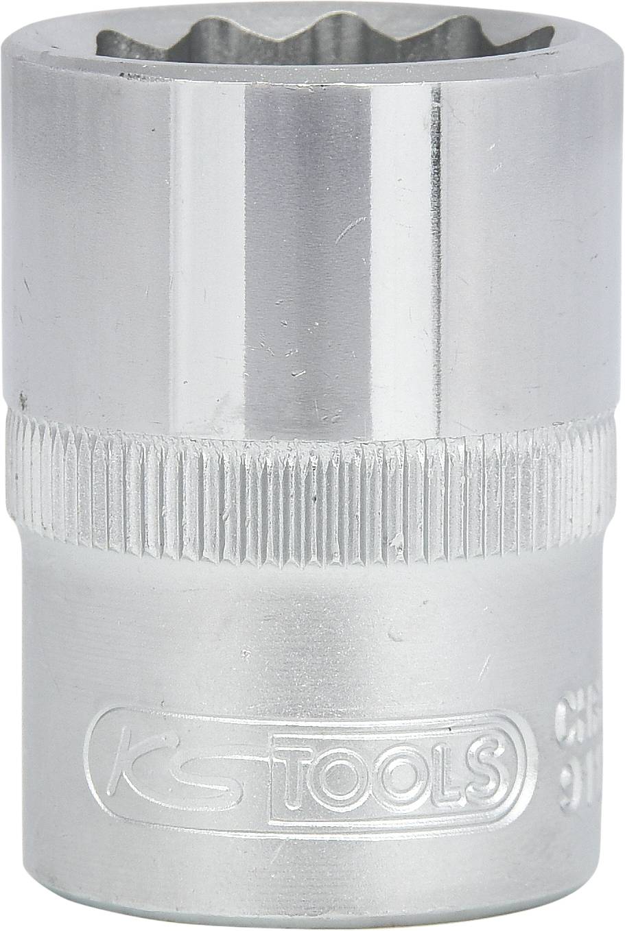 Metallschraubenschlüssel-Aufsatz mit geriffelter Oberfläche und eingeprägtem Logo 'KS Tools'. Glänzende silberne Farbe.