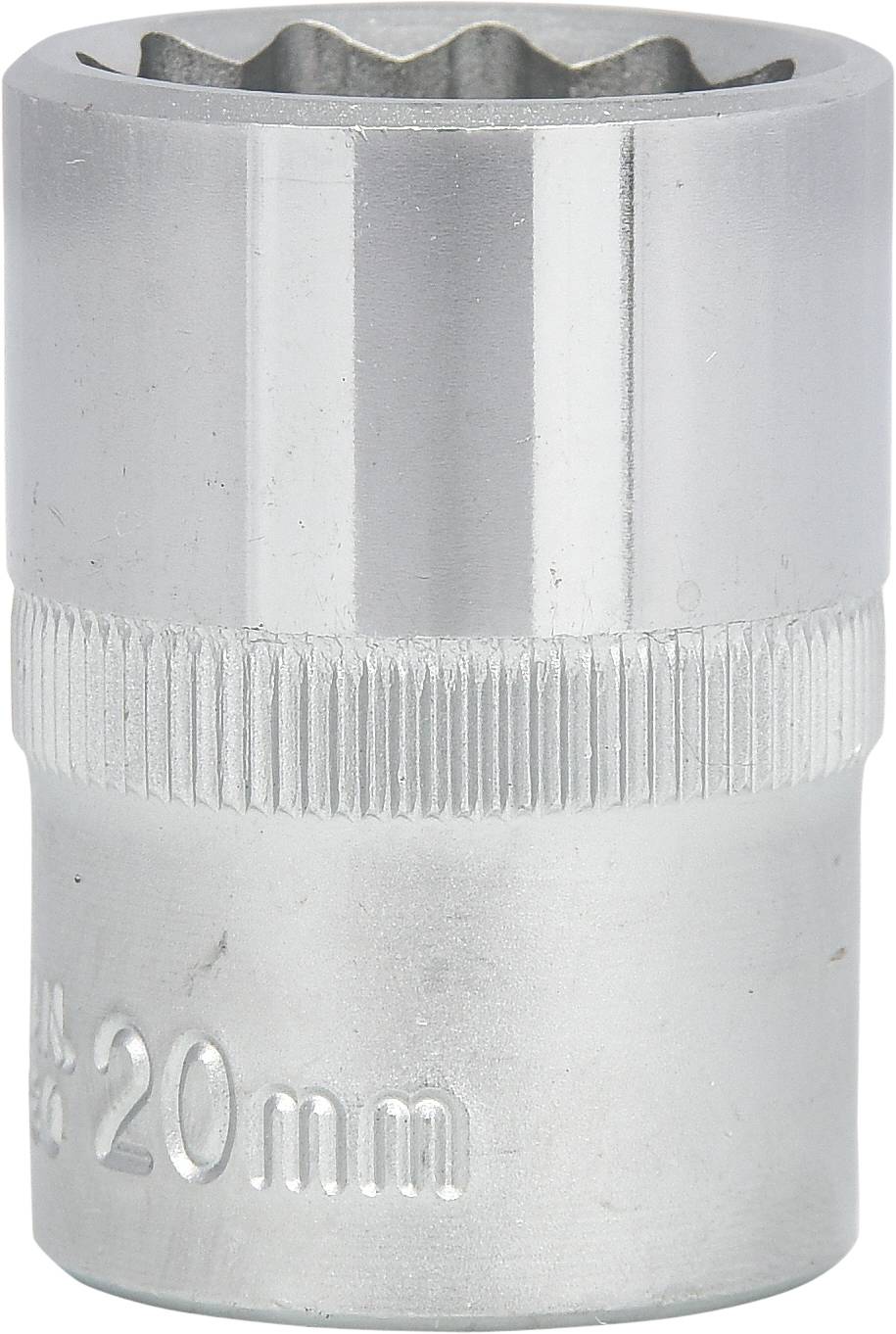 Metallische Stecknuss mit einer Größe von 20 mm, verwendet für Schraubarbeiten; glatt mit geriffeltem Abschnitt für besseren Halt.