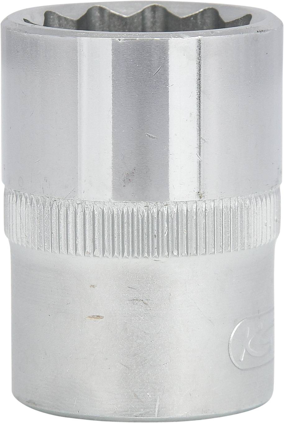 Metallische Nuss für Steckschlüssel, zylindrisch, mit geriffeltem Rand und zwölfkantigem Innenprofil, verwendet für Schraubarbeiten.