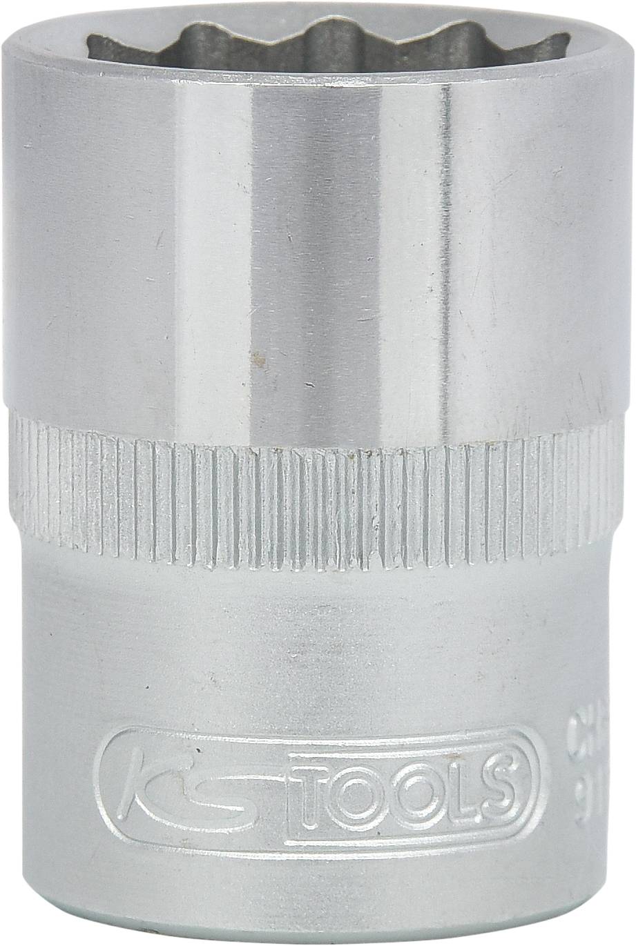Silberne Stecknuss mit Riffelung für besseren Halt, Aufschrift 'KS TOOLS'. Werkzeug zur Verwendung mit Schlüssel oder Ratsche.