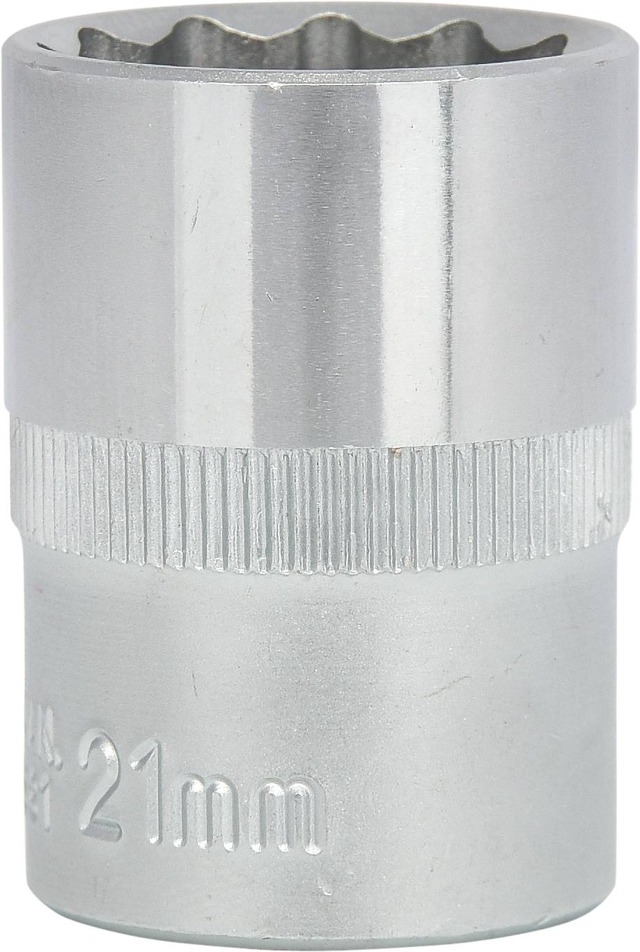 Ein verchromter Steckschlüsseleinsatz mit 21 mm Durchmesser. Der Einsatz hat eine gerändelte Griffzone für besseren Halt.