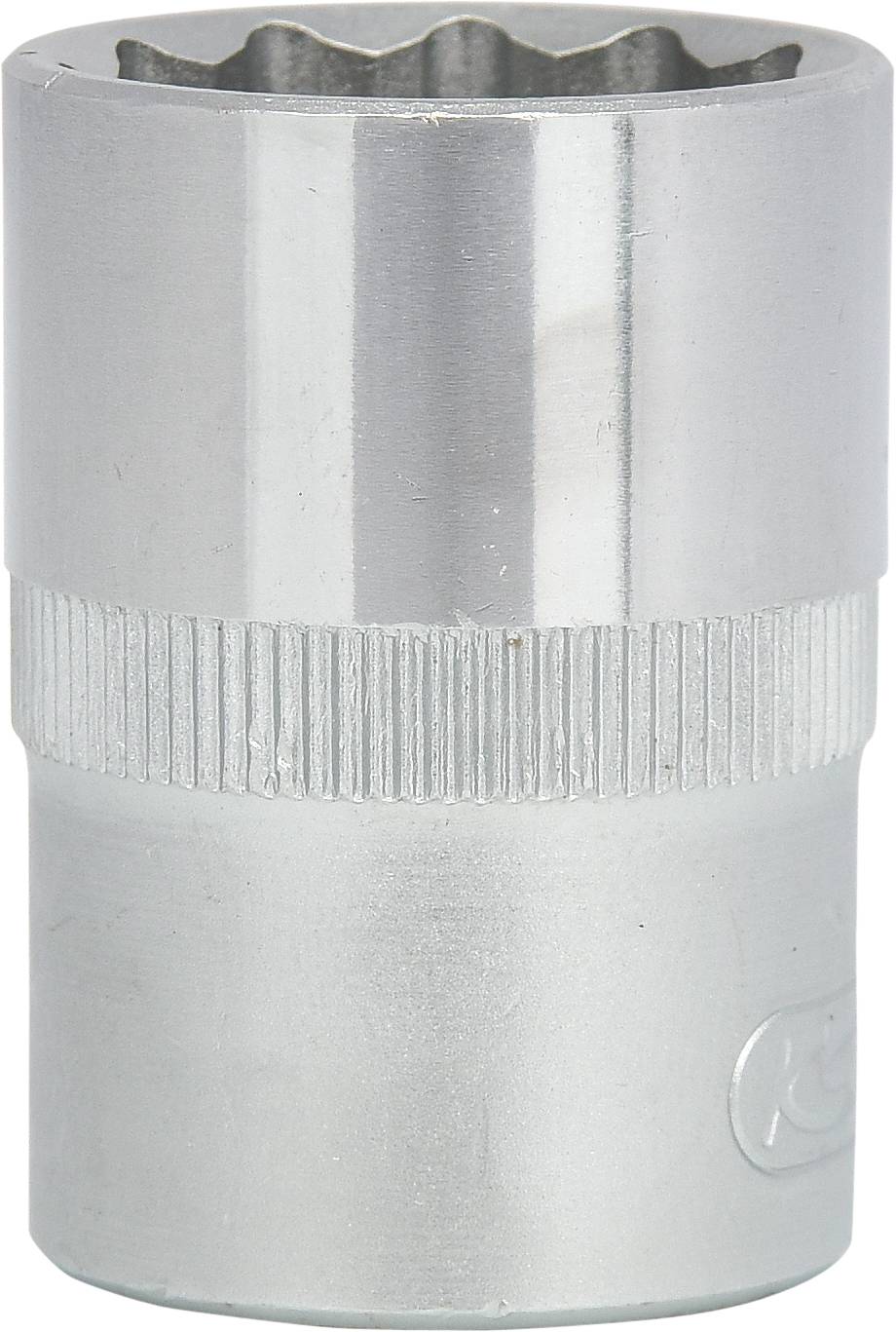 Metall-Steckschlüssel mit zwölfkantigem Ende, geeignet für Schrauben oder Muttern; glänzende Oberfläche mit Riffelung für besseren Halt.