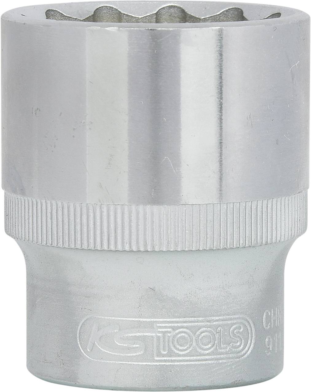 Eine silberne Stecknuss mit gerändeltem Griff, geprägt mit 'KS Tools'. Geeignet für hand- und maschinenbetätigte Anwendungen.