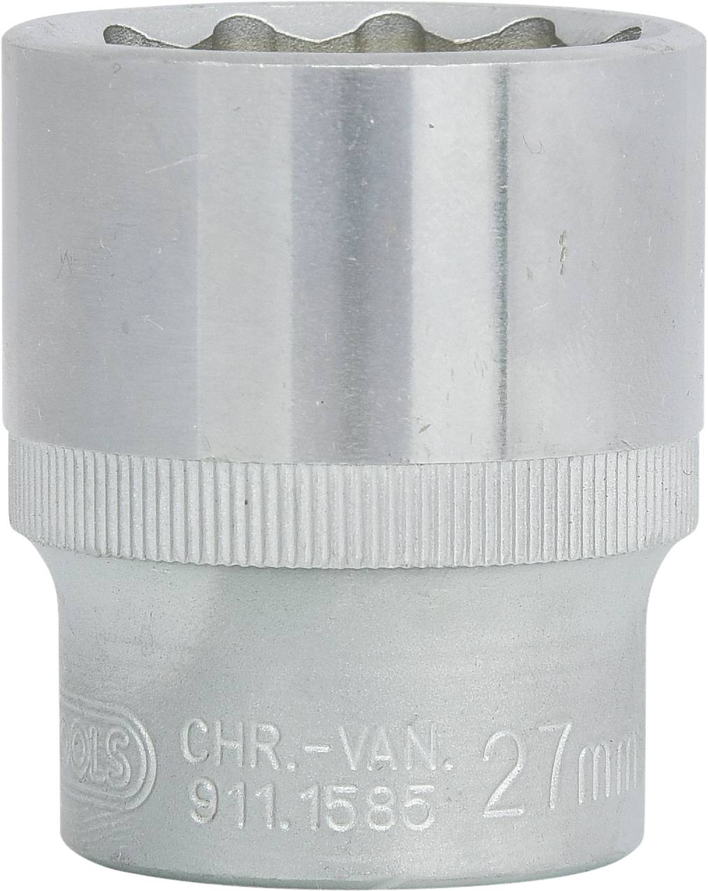 Metall-Steckschlüssel mit geprägter Aufschrift '27 mm', zylindrische Form und geriffeltem Griff.