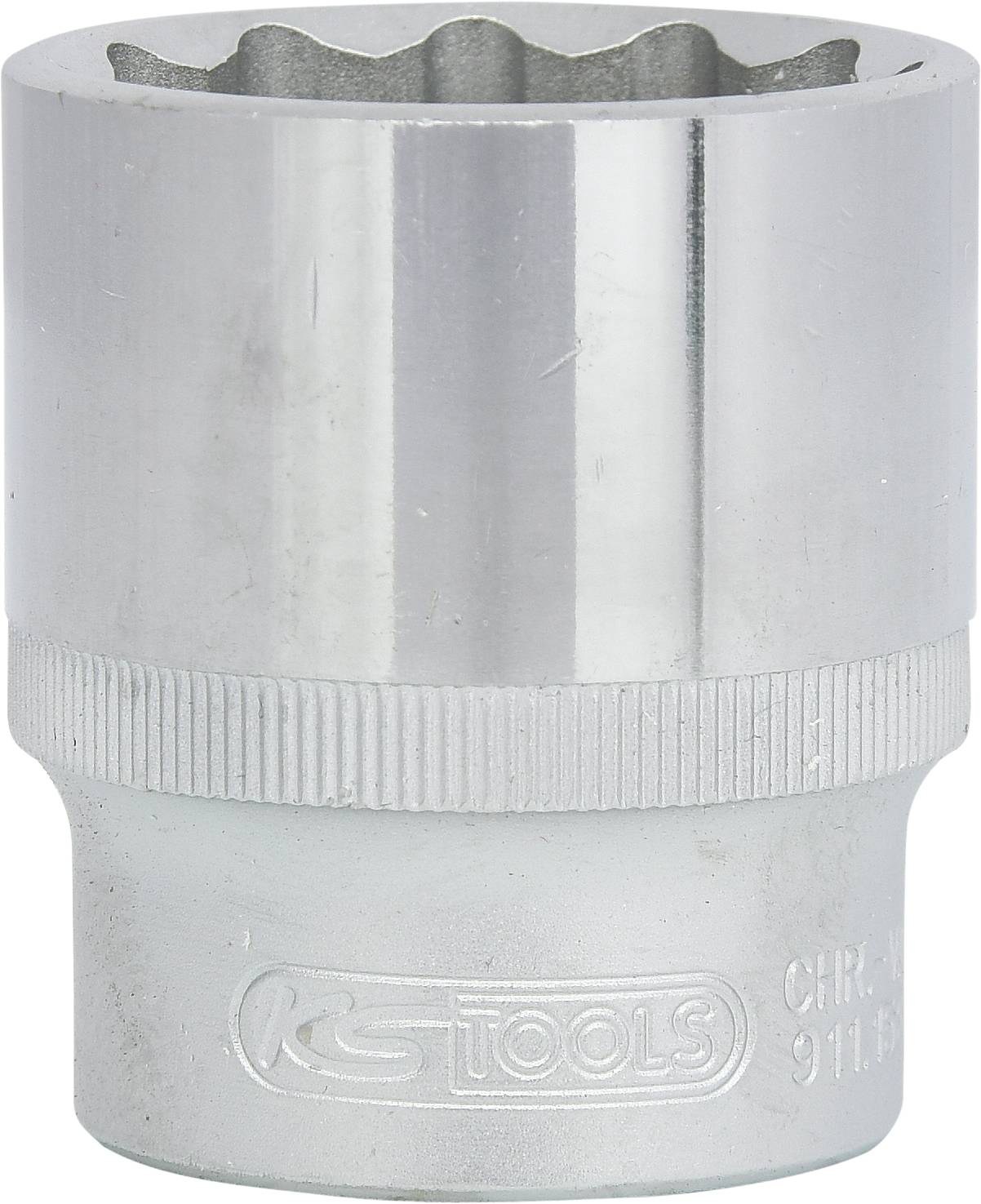 Silberne Stecknuss, zylindrisch, mit gerändeltem Griffteil. Markierung 'KS TOOLS' und 'CHR.VA 911.0' auf unterem Bereich.