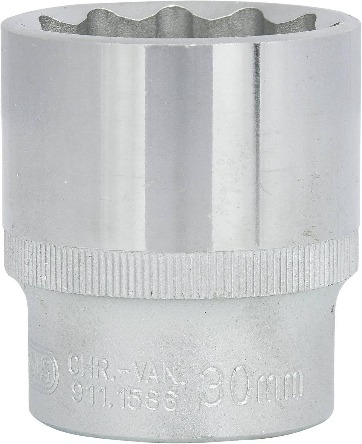 Chrom-Vanadium-Steckschlüssel mit gerändeltem Griff. Aufschrift: 'CHR.-VAN. 911.1586 30 mm'. Silberfarben, glänzende Oberfläche.
