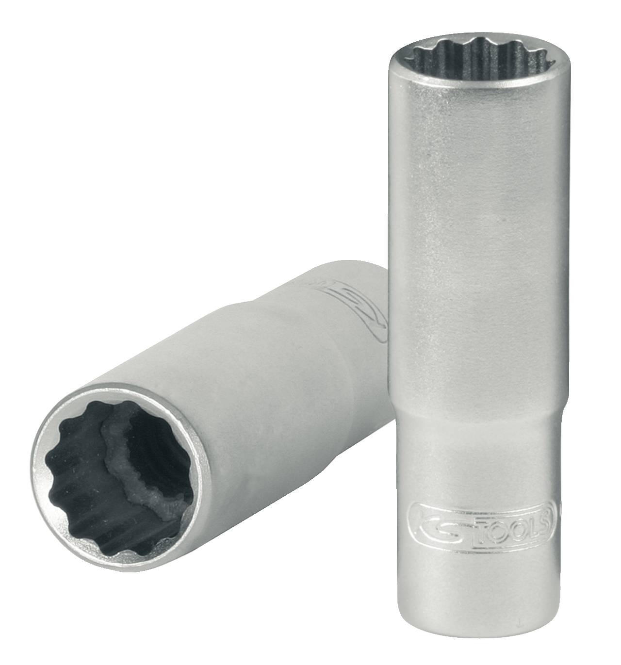 Zwei silberne Steckschlüssel mit zwölfkantigem Profil, die aufrecht und liegend dargestellt sind, vor weißem Hintergrund.