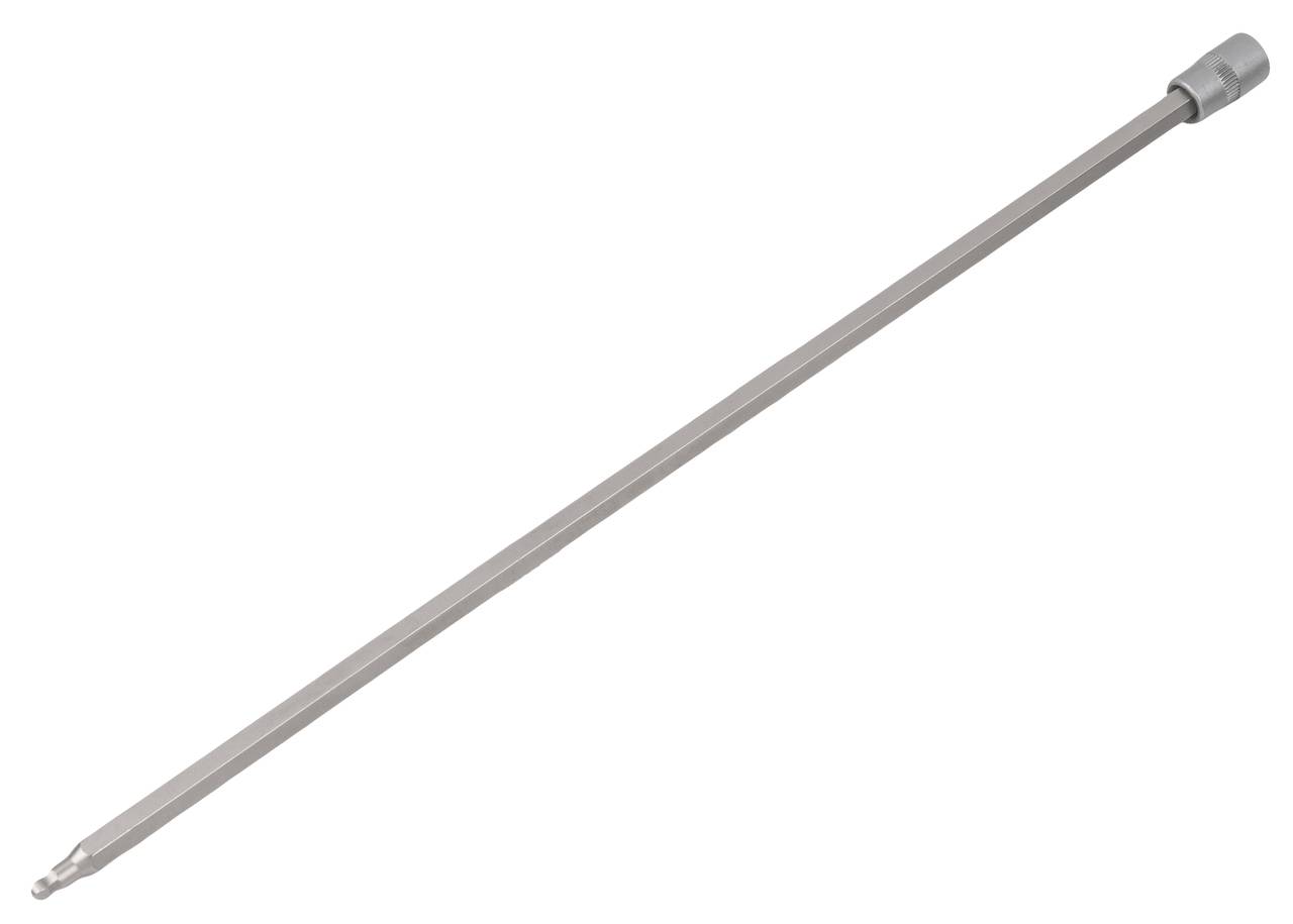 Langer, dünner Metallstab mit einem abgerundeten Ende und einem Griff auf der anderen Seite, möglicherweise ein Werkzeug.