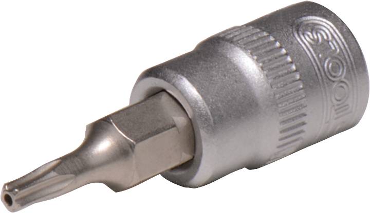 Ein silberner Torx-Bitaufsatz für Schraubwerkzeuge, seitlich dargestellt.