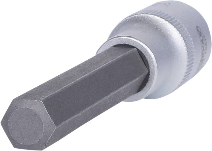 Ein sechskantiger Schraubendreheraufsatz aus Metall mit grauem Schaft und silberner Fassung, liegend gezeigt.