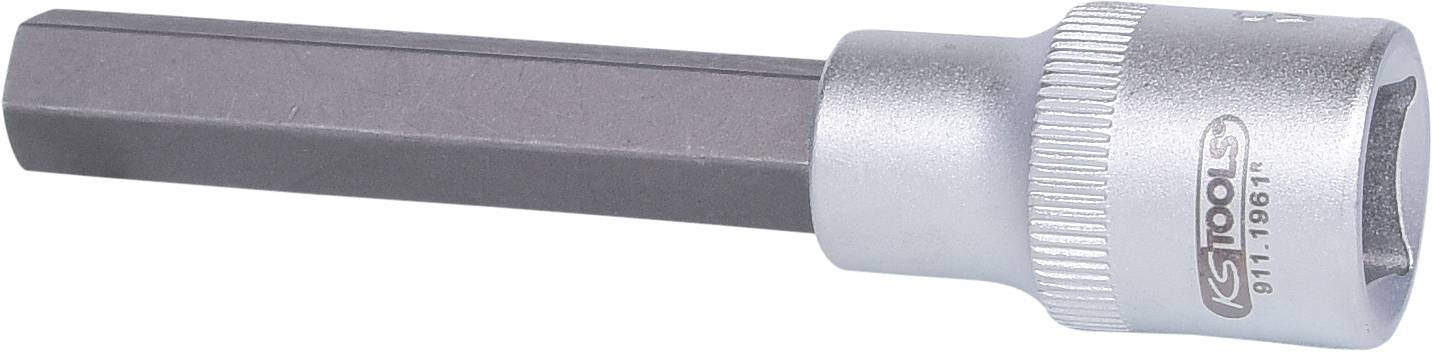 Ein silberner Hex-Bit-Schlüsseladapter mit geriffeltem Griff und eingeprägtem Logo auf der Seite.