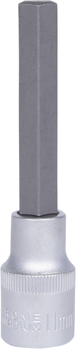 Ein sechskantiger Steckschlüsselaufsatz aus Metall, vor weißem Hintergrund. Werkzeug zur Verwendung mit einem Steckschlüsselsatz.